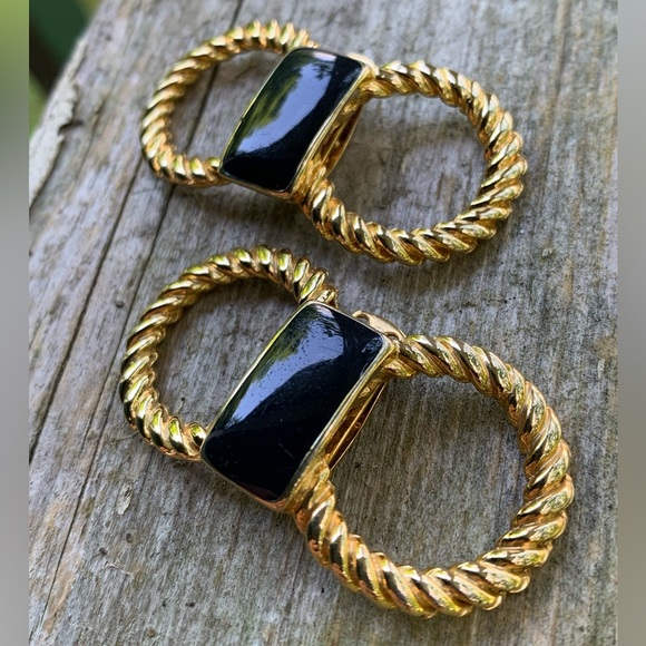 Vintage Gold Tone and Black Shoe Clips Made In France Bow shaped - Picture 2 of 8